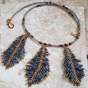 Handmade Glass seed bead Feather Necklace Denim Bl